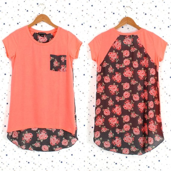 Floral Print Back Top Tee Neon Coral - Picture 1 of 7